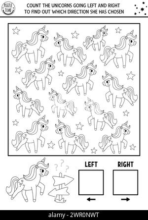 Unicorn black and white logic game with right and left concept for kids. Line I spy searching, counting activity with cute horse. Fairytale printable Stock Vector