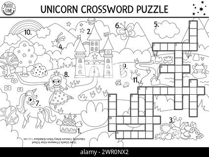 Vector black and white unicorn crossword puzzle for kids. Line quiz with fantasy country landscape for children. Educational activity with castle, rai Stock Vector