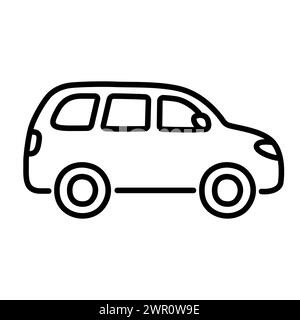 Minivan line icon in cute cartoon hand drawn doodle style. Big family car. Vector clip art illustration. Stock Vector