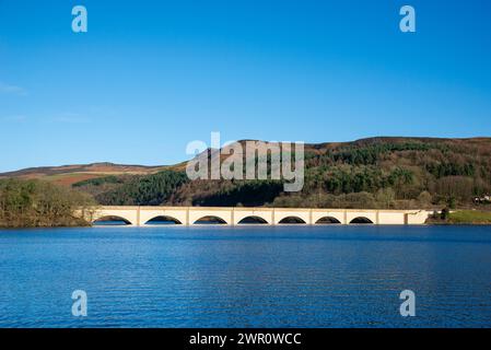 Ashopton Viaduct and Ladybower reservoir in the Peak District national park on a sunny winter day. Stock Photo
