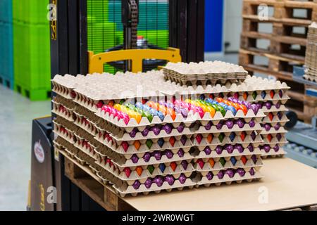 Thannhausen, Bavaria, Germany - 10 March 2024: Colorfully dyed eggs for Easter in industrial production at Eierfärberei Beham in Thannhausen in Bavaria *** Bunt gefärbte Eier zu Ostern in der industriellen Herstellung bei der Eierfärberei Beham in Thannhausen in Bayern Stock Photo