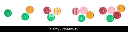 colorful buttons for counting number one to five, isolated on white background, glossy and vibrant colored plastic sewing accessories for garments Stock Photo