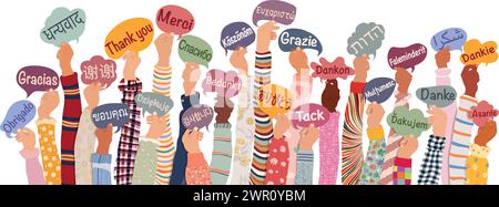 Many hands raised of diverse and multicultural children and teens holding speech bubbles with text Thank you in various international languages.Equal Stock Vector