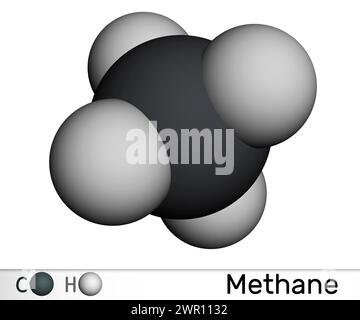 Methane CH4 molecule. Molecular model of main component of natural gas. 3D rendering. Illustr Stock Photo