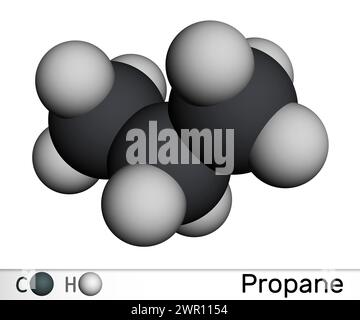 Propane C3H8 molecule. It is three-carbon alkane, molecular model. 3D rendering. Illustration Stock Photo