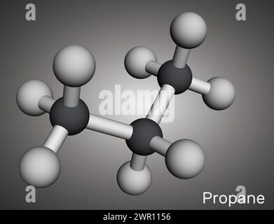 Propane C3H8 molecule. It is three-carbon alkane, molecular model. 3D rendering. Illustration Stock Photo