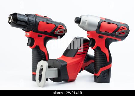 Electrical tools worker set of drill, saw, screwdriver isolated on white studio background Stock Photo