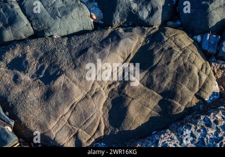 Cracks on a rock due to tidal erosion on the beach at Seapark Co. Down Stock Photo