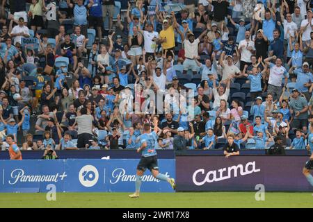 Sydney, Australia. 10th Mar, 2024. Fans cheer during the Isuzu UTE A-League 2023-24 season round 20 match between Sydney FC and Brisbane Roar FC held at the Allianz Stadium. Final score Sydney FC 1:1 Brisbane Roar FC. Credit: SOPA Images Limited/Alamy Live News Stock Photo