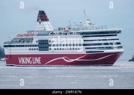 MARCH 9, 2024 - HELSINKI / FINLAND: MV Viking Cinderella, operated by Viking Line, arriving to the port of Helsinki. Stock Photo