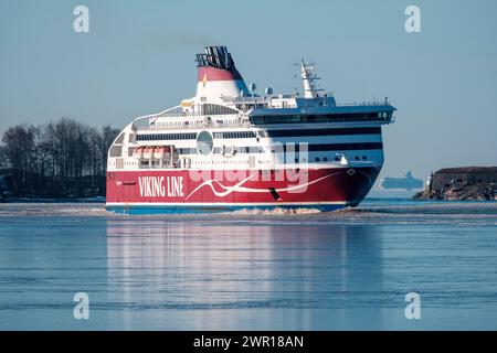 MARCH 10, 2024 - HELSINKI / FINLAND: MV Viking XPRS, operated by Viking Line, arriving to the port of Helsinki. Stock Photo