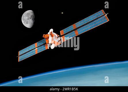 Model of Olympus Communications satellite in space orbiting Earth with blue ocean & clouds. Moon & Jupiter above. Built by European Space Agency Stock Photo