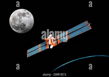 Model of Olympus Communications satellite in space orbiting Earth showing planet horizon and Wolf Moon above. Olympus built by European Space Agency Stock Photo