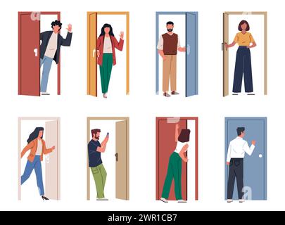 People in doorway. Men and women open and close doors, visitors come in and out, persons use house and office entries, exit and entrance cartoon flat Stock Vector