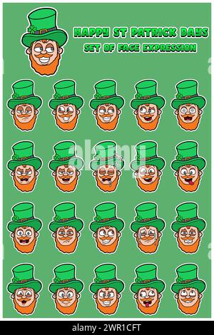 Happy St Patrick's Days With set of face expression people character cartoon. Vector Illustrations Stock Vector