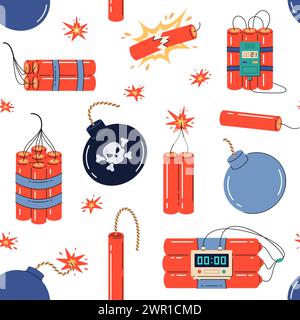 Dynamite and bombs seamless pattern. Round explosives with burning wicks, bundle of dynamite with timer, military weapons. Textile, wrapping paper Stock Vector