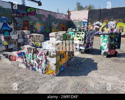 Stockholm, Snosatra, Sweden, May 13 2021. Graffiti exhibition on the outskirts of the city. Bricks. Stock Photo