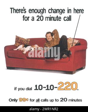 199810-10-220 telephone service calling print ad. 10-10-220 is a long distance telephone service provided by AT&T Stock Photo