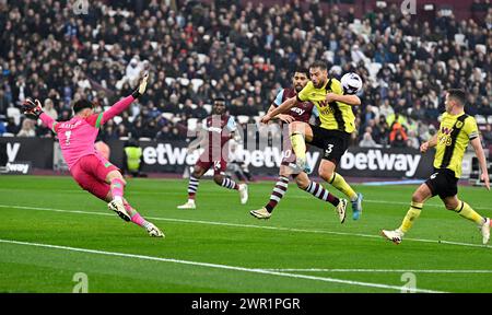 London, UK. 10th Mar, 2024. Charlie Taylor (Burnley) clears during the West Ham vs Burnley Premier League match at the London Stadium Stratford. This Image is for EDITORIAL USE ONLY. Licence required from the the Football DataCo for any other use. Credit: MARTIN DALTON/Alamy Live News Stock Photo