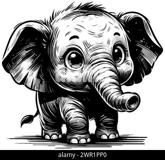 Woodcut style illustration of cute baby elephant on white background. Stock Vector