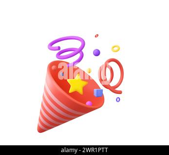 3D Party popper with explosion confetti. Birthday surprise. Firecracker with serpentine. Holiday and event celebration. 3d rendering. Vector illustrat Stock Vector