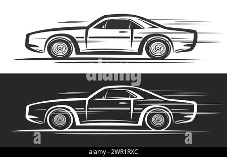 Vector logo for Muscle Car, horizontal decorative automotive banners with contour illustration of extreme muscle coupe in motion, art design concept c Stock Vector