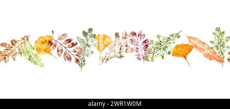 Seamless border with autumn leaf imprints. Delicate golden biloba, multicolored oak, rowan leaves. Ginkgo, dry abstract leaves. Stock Photo