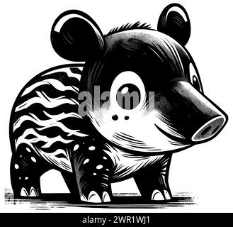 Woodcut style illustration of cute baby tapir on white background. Stock Vector