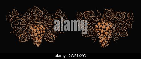 Grapevine ornament wine. Bunch of grapes and leaves. Vineyard, winery emblem label vector Stock Vector