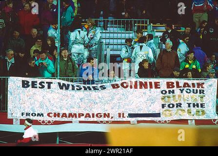 Bonnie Blair (USA) supporters at the 1992 Olympic Winter Games. Stock Photo