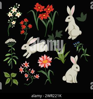 Cute white rabbits and flowers isolated. Vector. Stock Vector