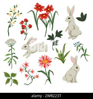 Cute white rabbits and flowers isolated. Vector. Stock Vector