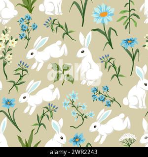 Seamless pattern with cute white rabbits and flowers. Vector. Stock Vector