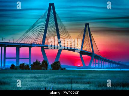 Arthur Ravenel Jr Bridge seen at night with lights, Charleston South ...