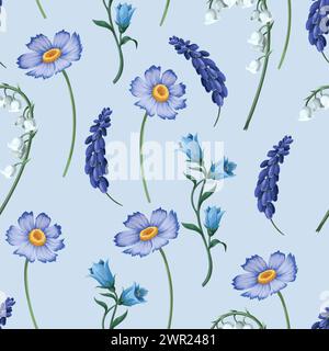 Seamless pattern with lilies of the valley and other flowers. Vector. Stock Vector