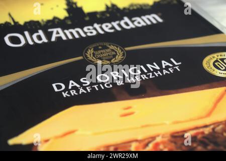 Viersen, Germany - March 1. 2024: Closeup of package Westland Old Amsterdam gouda cheese slices Stock Photo