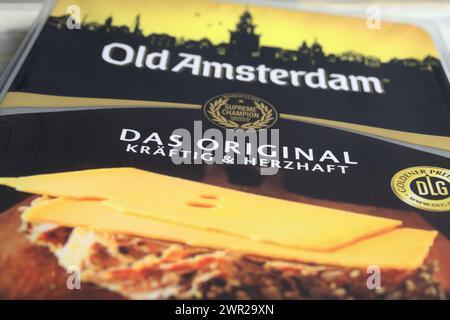 Viersen, Germany - March 1. 2024: Closeup of package Westland Old Amsterdam gouda cheese slices Stock Photo