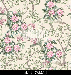 Chinoiserie seamless pattern with peonies trees and flowers. Vector. Stock Vector