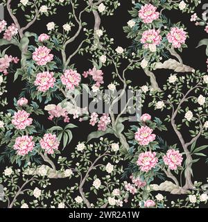Chinoiserie seamless pattern with peonies trees and flowers. Vector. Stock Vector