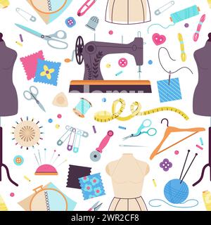 Needlework seamless pattern. Sewing machine, threads and different buttons. Decorative fashion design print, fabric template. Handcraft decent vector Stock Vector
