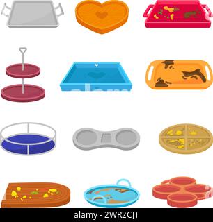 Empty food trays. Clean and dirty tray with stains leftover meal. Kitchen, cafeteria, school canteen or cafe bar equipment neoteric vector set Stock Vector