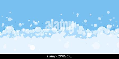 Soap bubbles cartoon background. Foam banner, suds bathroom effect. Bubble stream in air, clouds or fizzy. Flat abstract snugly vector concept Stock Vector