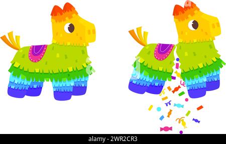 Broken pinata. Birthday party colorful equipment. Pinatas with confetti and candies in lama shape. Mexican toy corrugated paper, snugly vector element Stock Vector