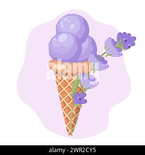 Lavender ice cream. Three balls of creamy sweet dessert in a waffle cone. Purple sorbet. Vector illustration on white background. Stock Vector