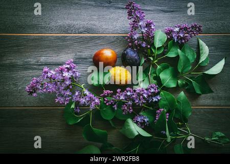 Easter eggs and lilac flowers on a rustic wooden floor Stock Photo