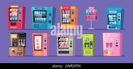 Vending machines. Drinks coffee soda fast food and snacks in vending automat exact vector templates Stock Vector
