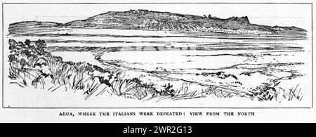 Engraving of the battlefield at Adwa where Italian forces were defeated in Abyssinia, circa 1896. The Battle of Adwa was the climactic battle of the First Italo-Ethiopian War. The Ethiopian forces defeated the Italian invading force on Sunday 1 March 1896, near the town of Adwa, ending Italian plans to dominate the country.. Stock Photo