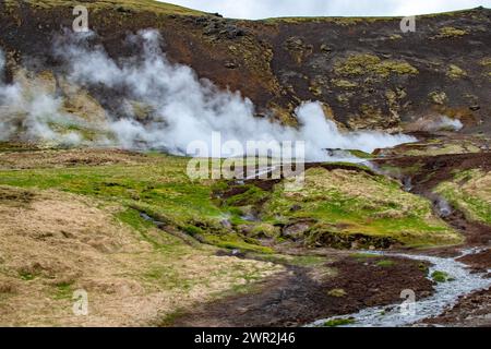 Steaming Vents and Volcanic Activity in the Mountains Near Reykjadalur Hot Spring Thermal River, Iceland Stock Photo