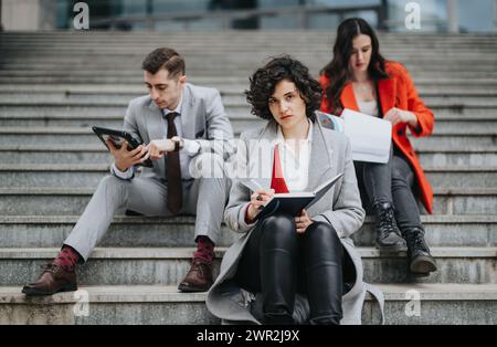Business people on break outside the office, using tablets and notebooks Stock Photo