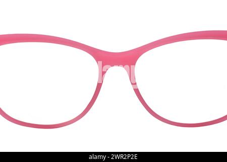 Close up view of a pair of galsses with pink plastic frames isolated on a plain white background. Copy space. Stock Photo
